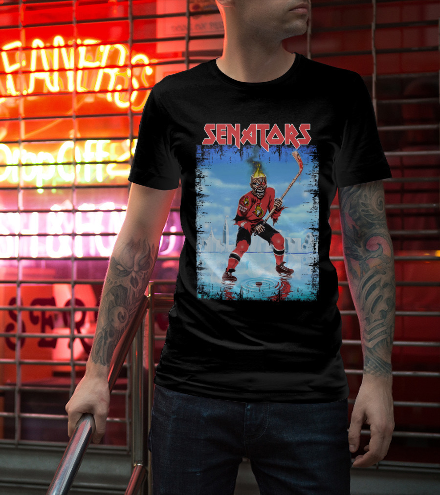 Senators Hockey Skeleton With Flaming Head And Hockey Stick T-Shirt