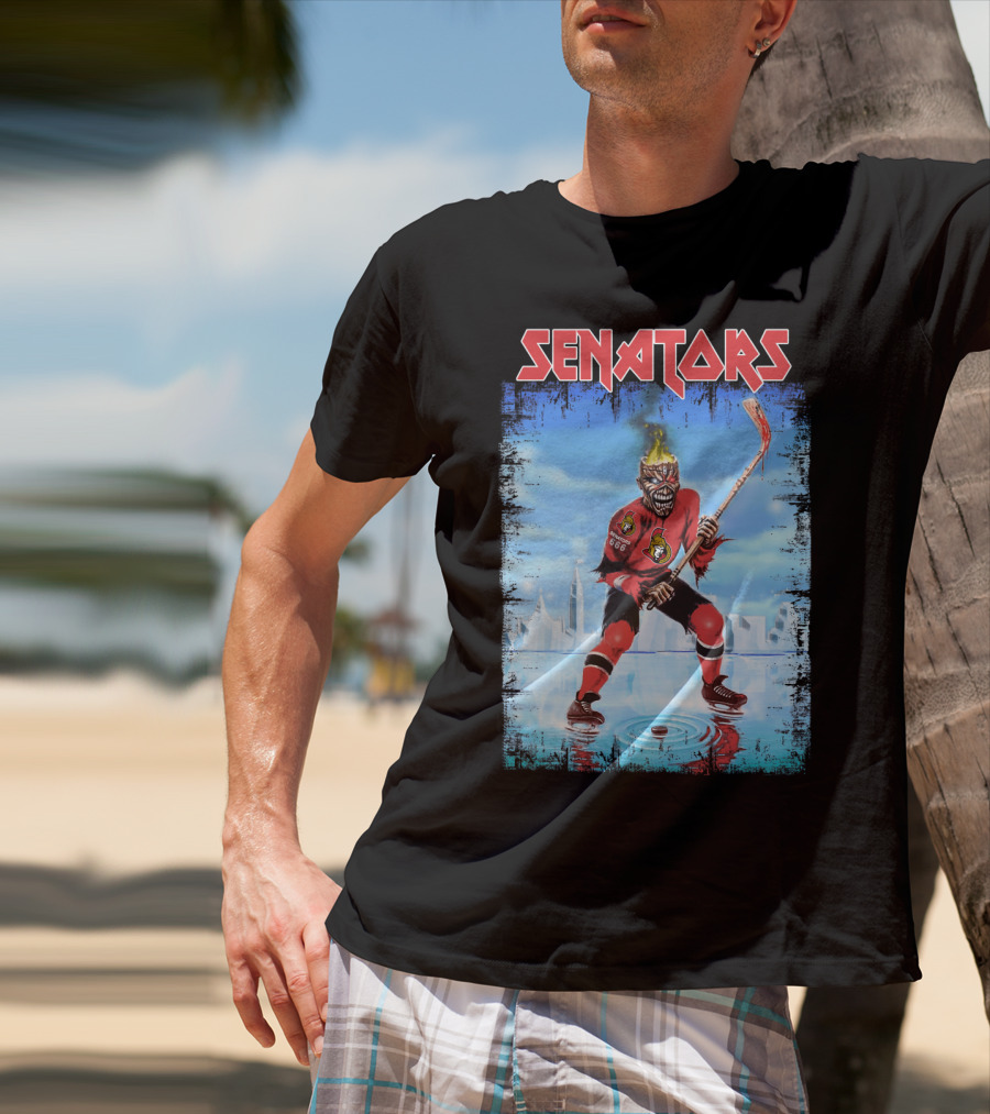 Senators Hockey Skeleton With Flaming Head And Hockey Stick T-Shirt