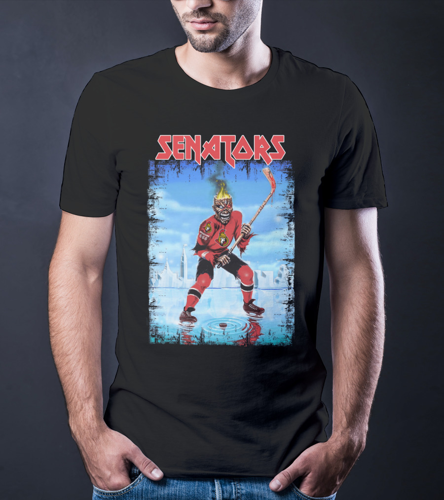Senators Hockey Skeleton With Flaming Head And Hockey Stick T-Shirt