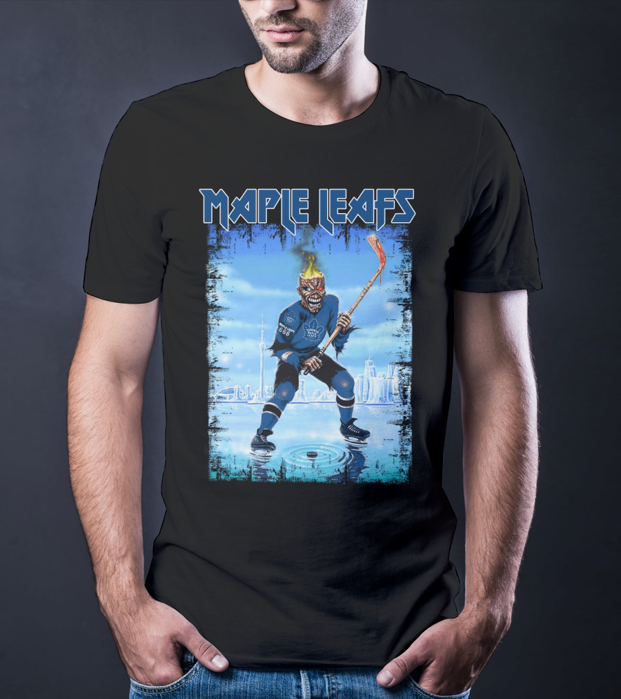 Maple Leafs Hockey Player With Fiery Skull And Hockey Stick On Ice In Front Of City Skyline T-Shirt