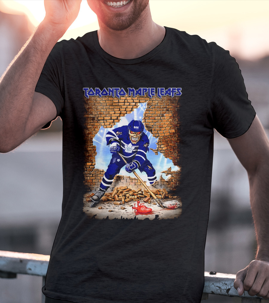 Toronto Maple Leafs Hockey Player Skeleton Breaking Brick Wall T-Shirt