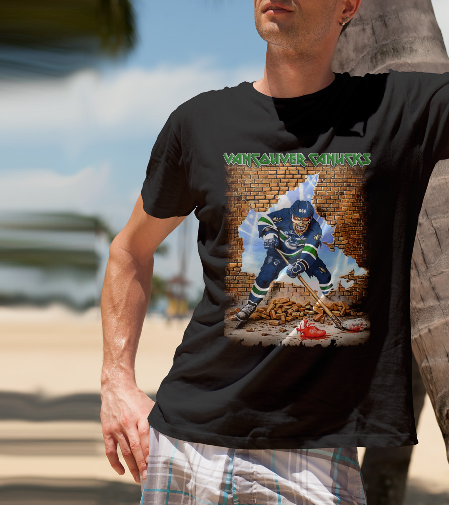 Vancouver Canucks Hockey Player Breaking Through Wall With Skull Mask And 666 Helmet T-Shirt