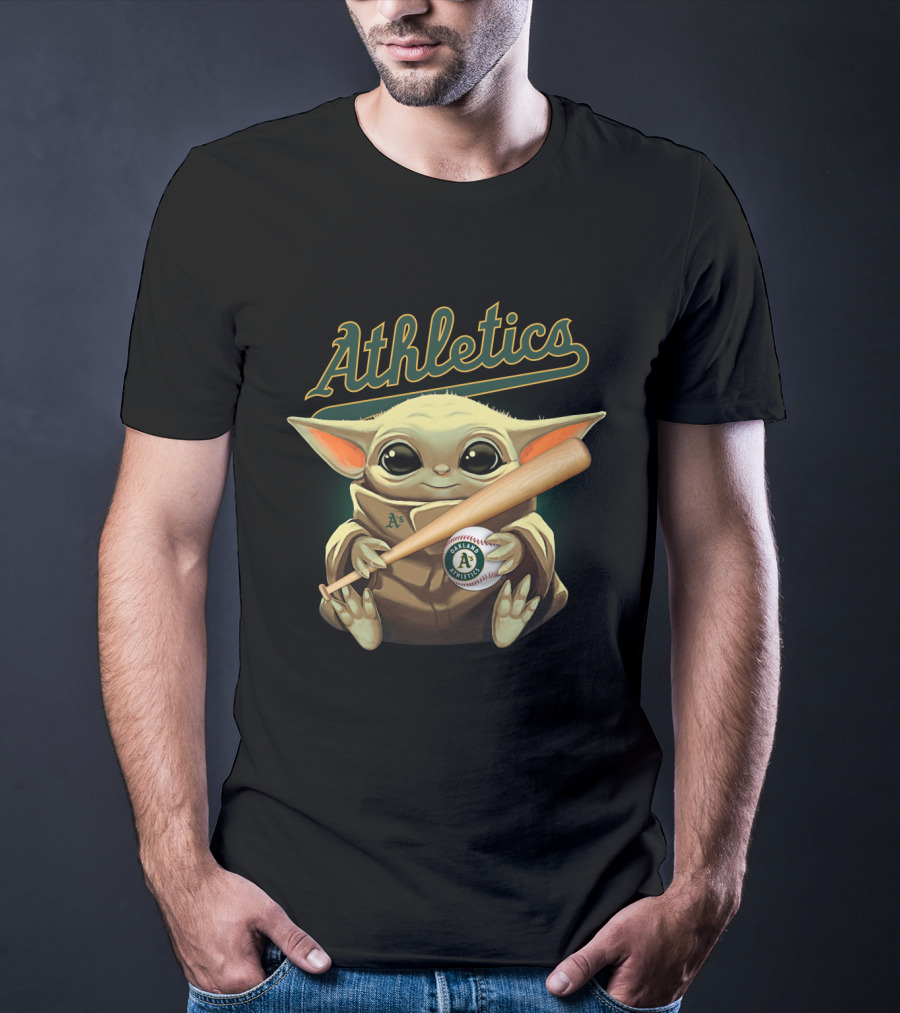 Athletics Baby Yoda Holding Baseball And Bat With Oakland A's T-Shirt