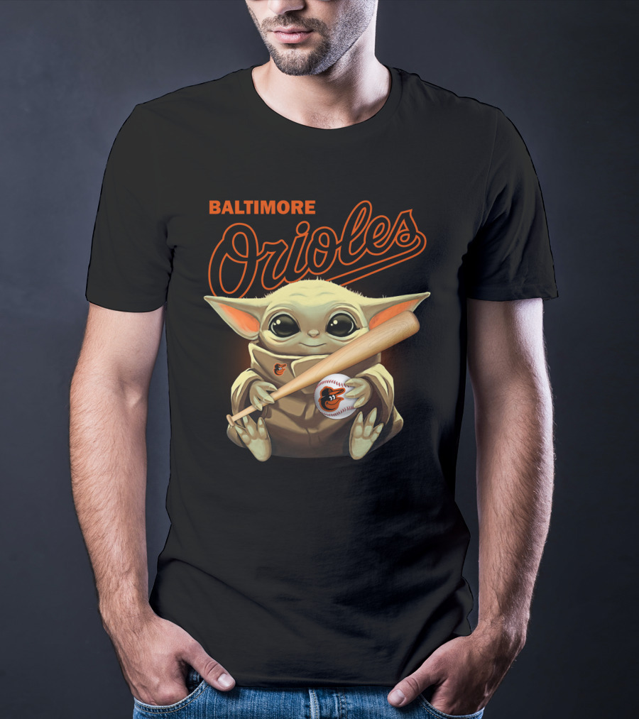 Baltimore Orioles Baby Yoda Holding Baseball And Bat T-Shirt