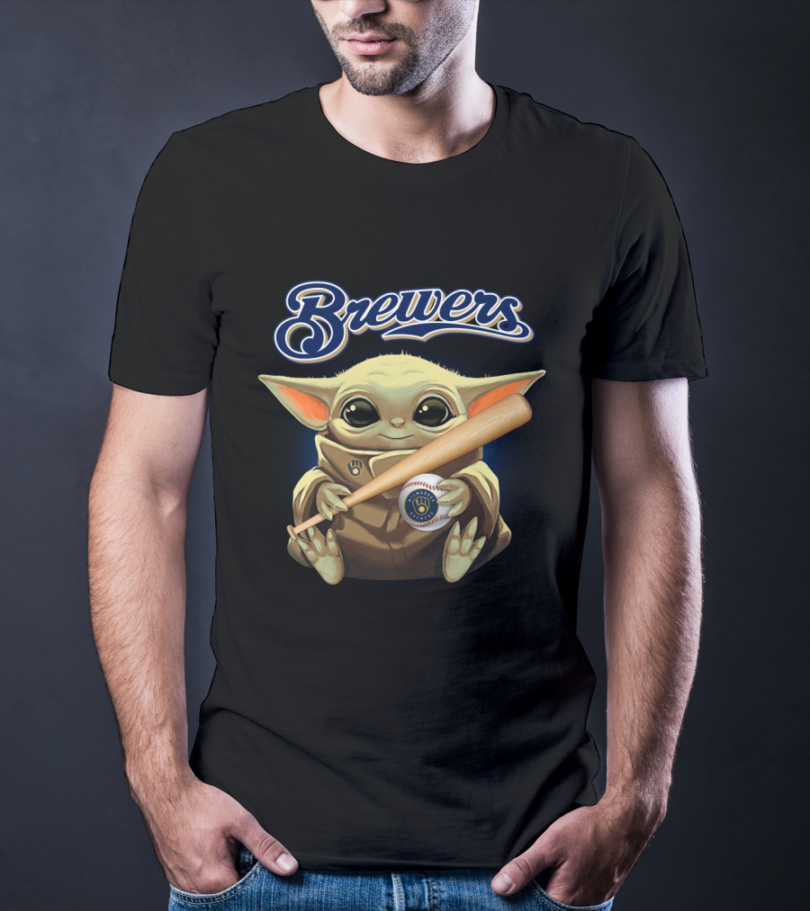 Milwaukee Brewers Baby Yoda Holding Baseball And Bat T-Shirt