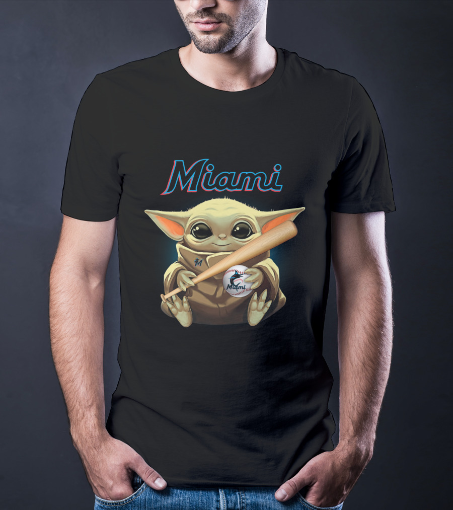 Miami Marlins Baby Yoda Baseball Bat And Ball T-Shirt