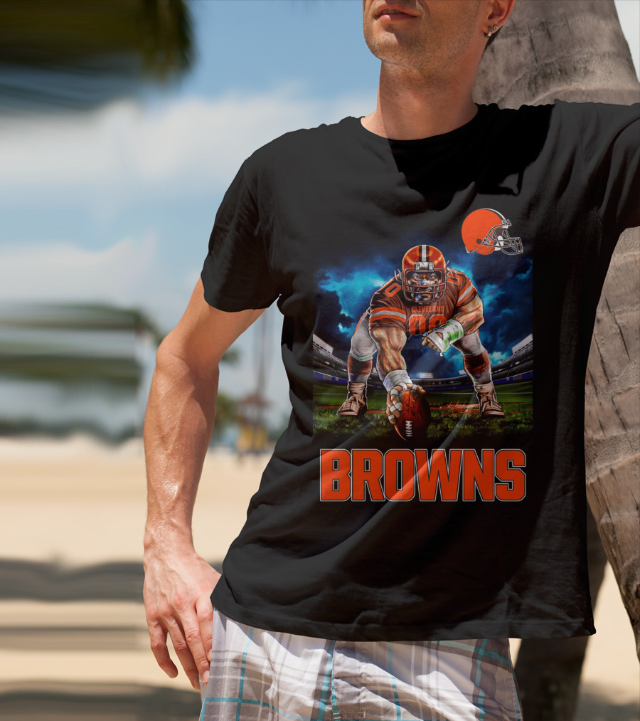 Cleveland Browns Nfl 3 Point Stance Football Player Stadium Scene T-Shirt