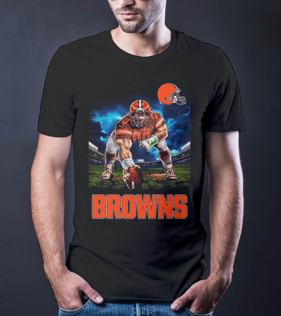 Cleveland Browns Nfl 3 Point Stance Football Player Stadium Scene T-Shirt