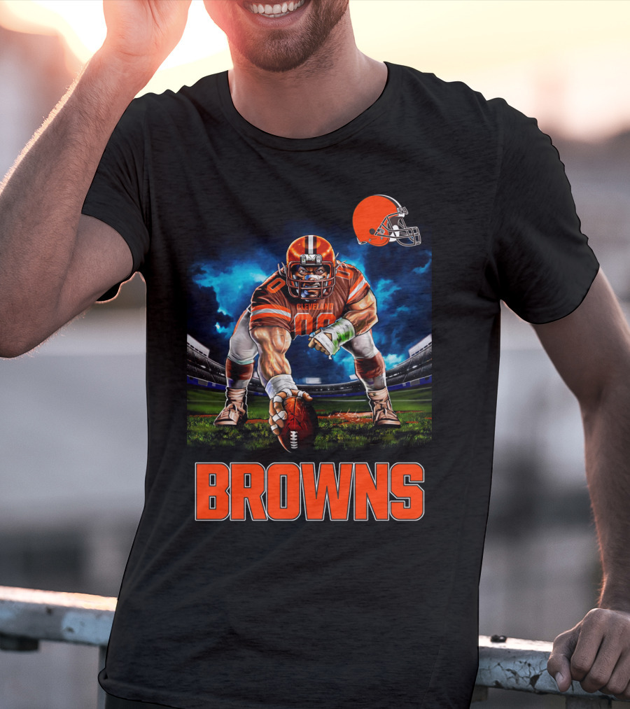 Cleveland Browns Nfl 3 Point Stance Football Player Stadium Scene T-Shirt