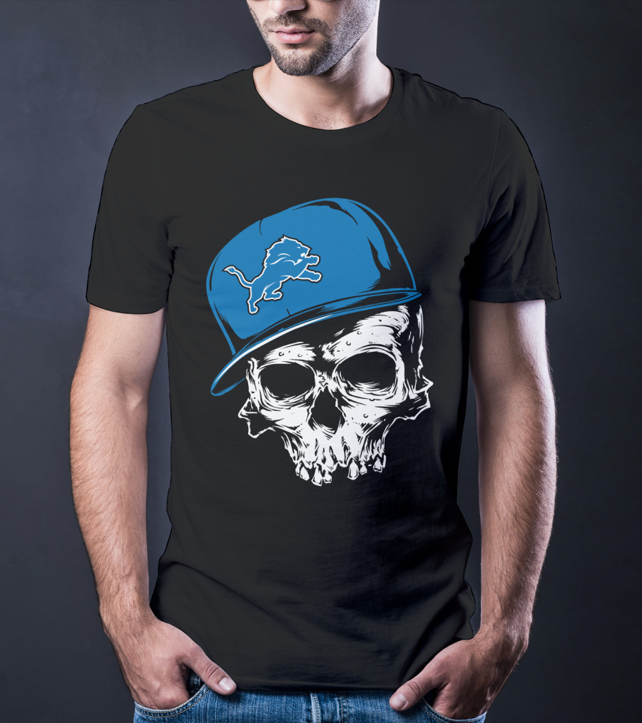 Detroit Lions Skull With Blue Cap Featuring Iconic Team T-Shirt