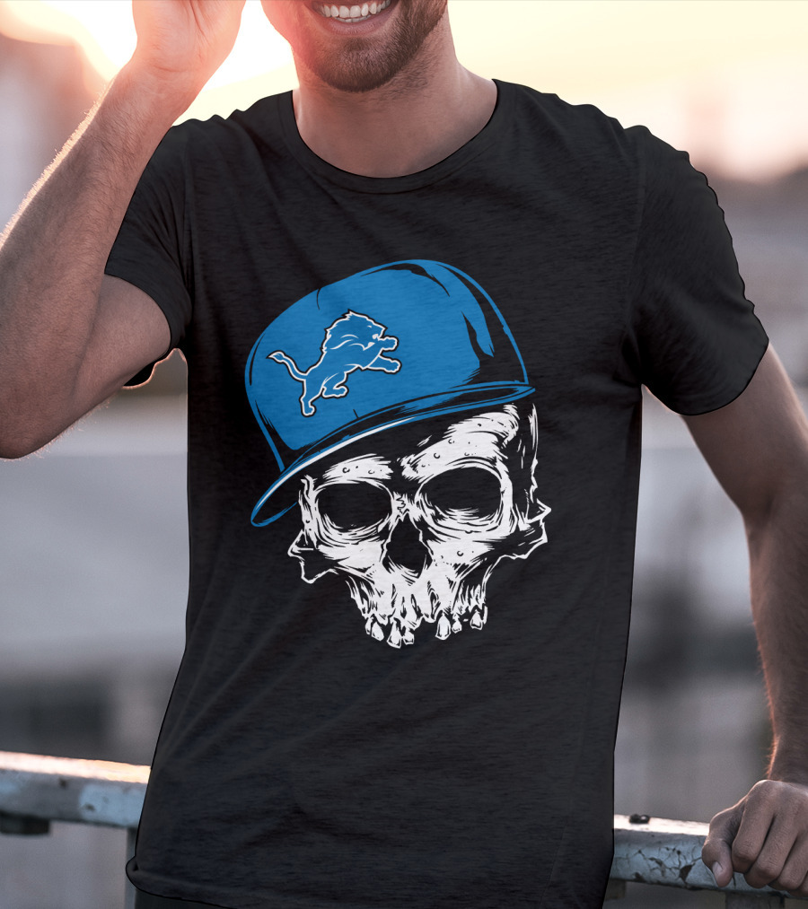Detroit Lions Skull With Blue Cap Featuring Iconic Team T-Shirt