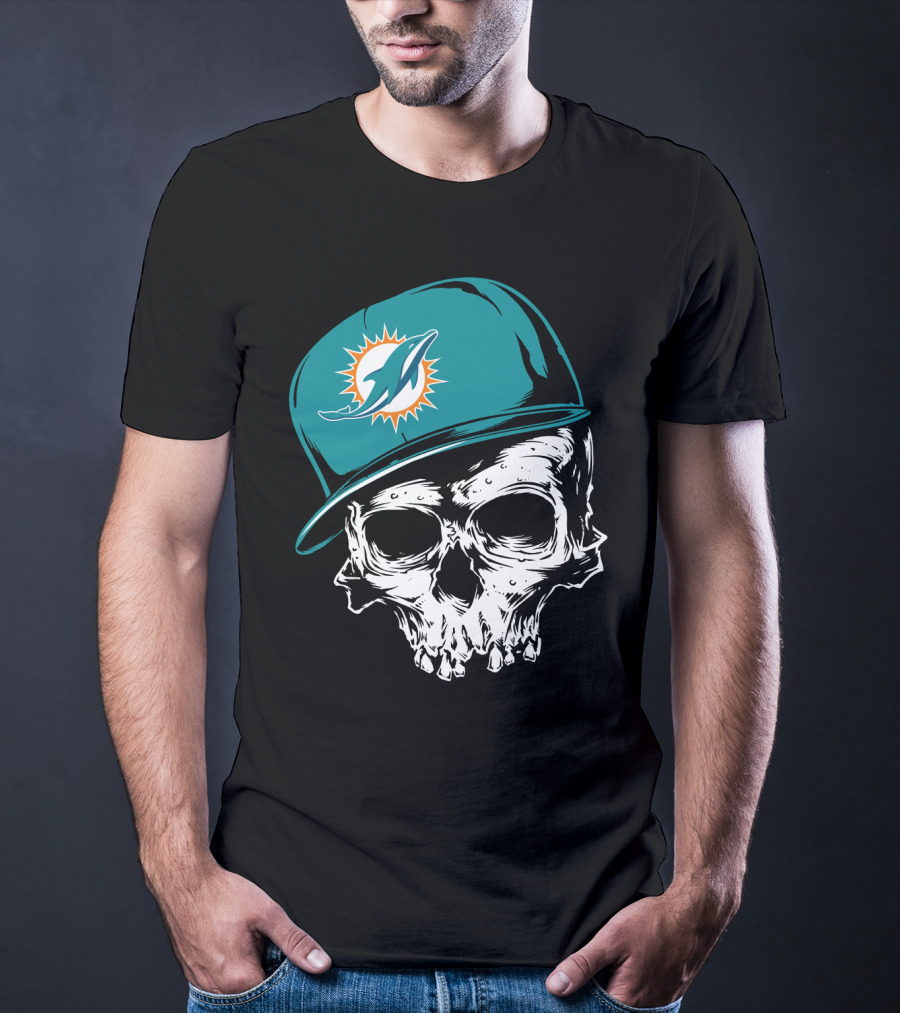 Miami Dolphins Skull With Teal Hat T-Shirt