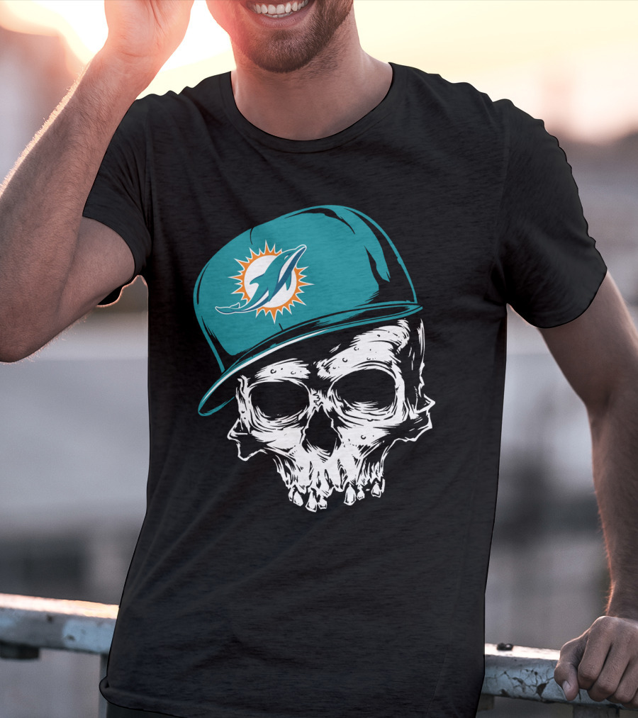 Miami Dolphins Skull With Teal Hat T-Shirt