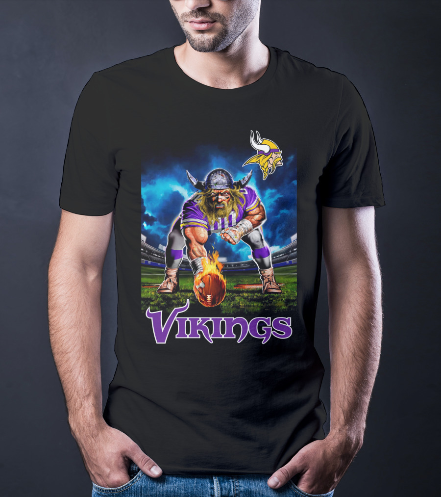 Minnesota Vikings 3 Point Stance Nfl Viking Warrior With Helmet And Football In Stadium Nfl T-Shirt