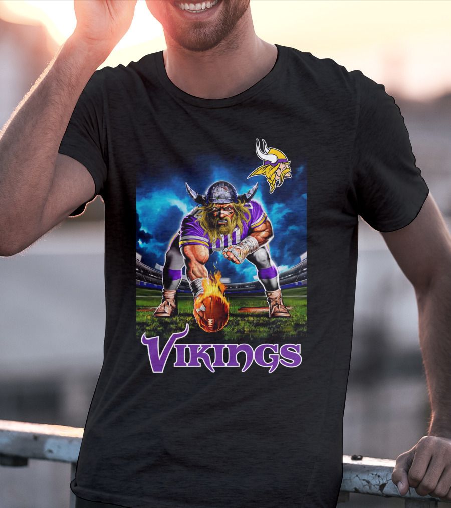 Minnesota Vikings 3 Point Stance Nfl Viking Warrior With Helmet And Football In Stadium Nfl T-Shirt