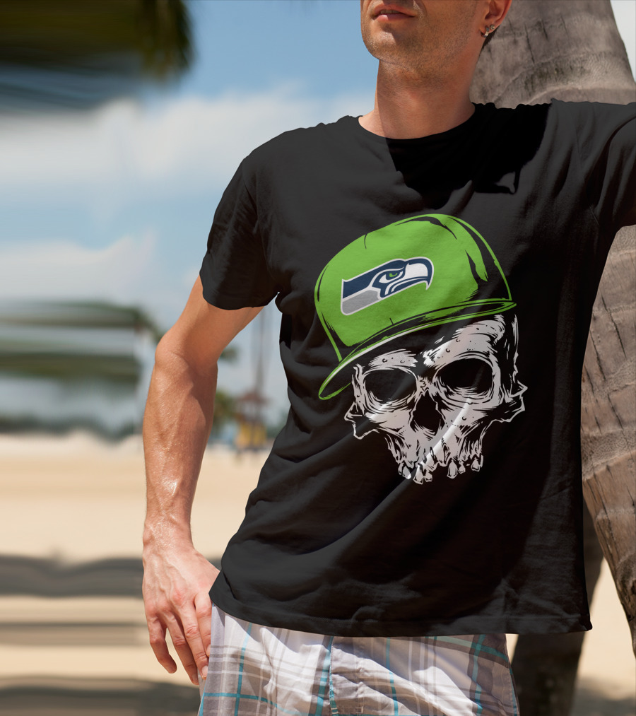 Seattle Seahawks Skull With Green Hat T-Shirt