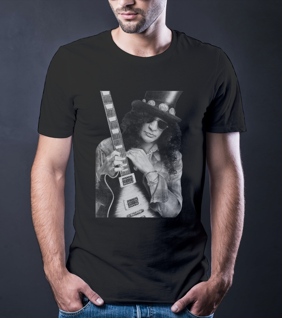 Guns N' Roses Slash With Guitar Iconic Black And White T-Shirt