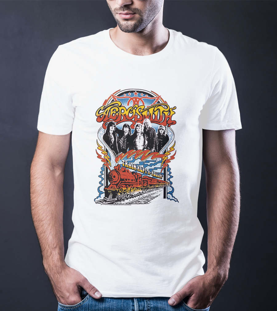Aerosmith Train Kept A Rollin' Retro Band Graphic With Train And Stars T-Shirt
