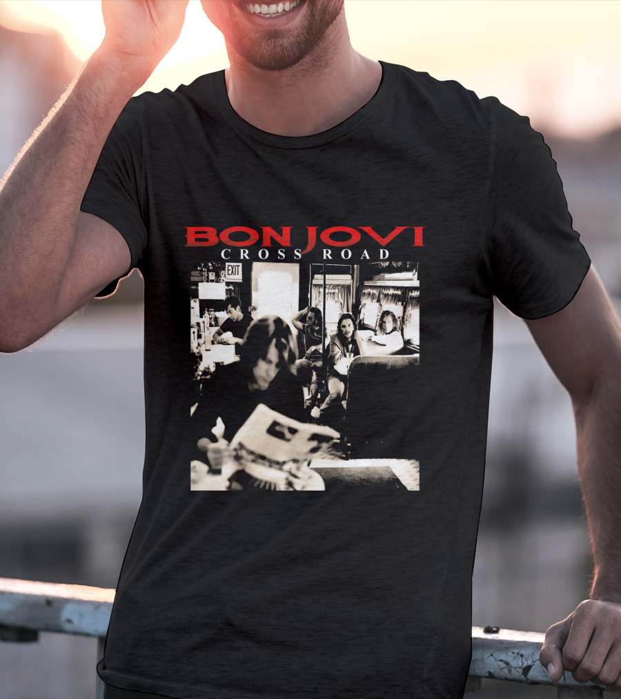 Bon Jovi Cross Road Album Cover Black And White Café Scene T-Shirt