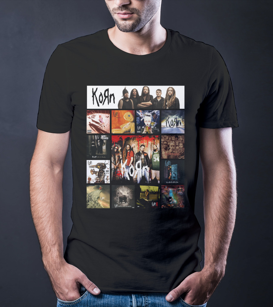 Korn Greatest Hits Collection Featuring Classic Album Covers And Band Members T-Shirt