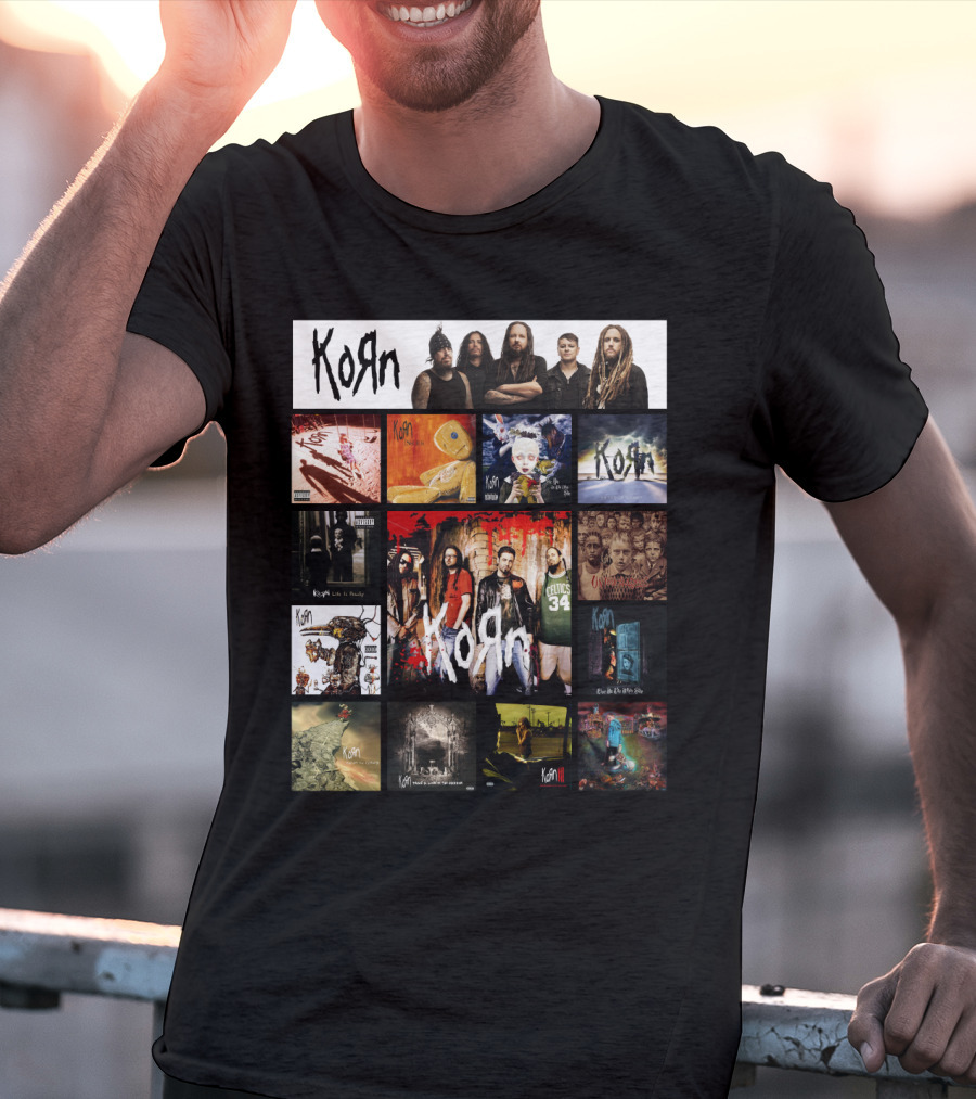Korn Greatest Hits Collection Featuring Classic Album Covers And Band Members T-Shirt
