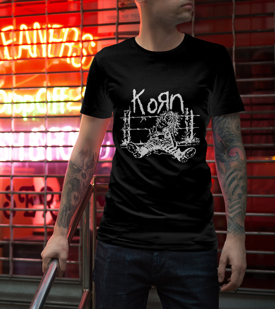 Korn Grunge Style Sitting Figure With Barbed Wire Background T-Shirt