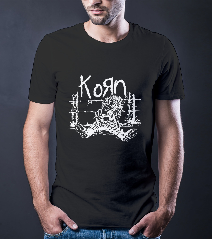 Korn Grunge Style Sitting Figure With Barbed Wire Background T-Shirt