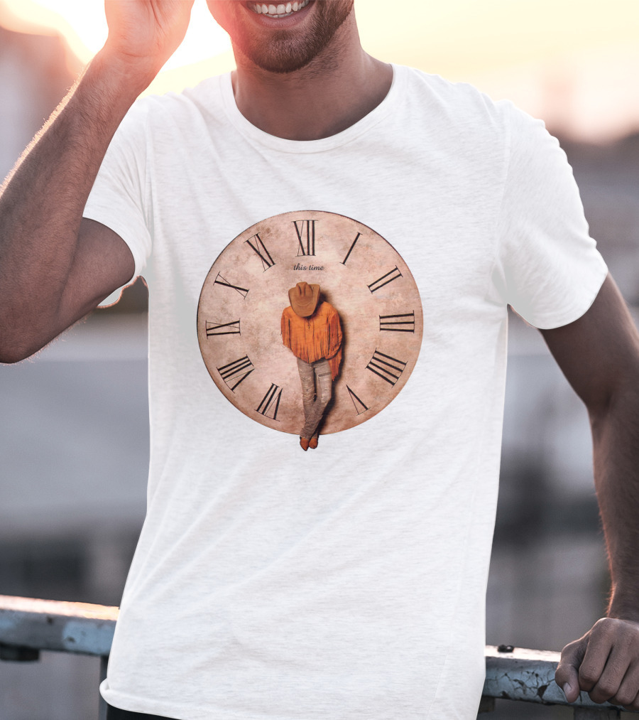 Cowboy Hat Fringed Jacket Leaning On Roman Numeral Clockface This Time T-Shirt