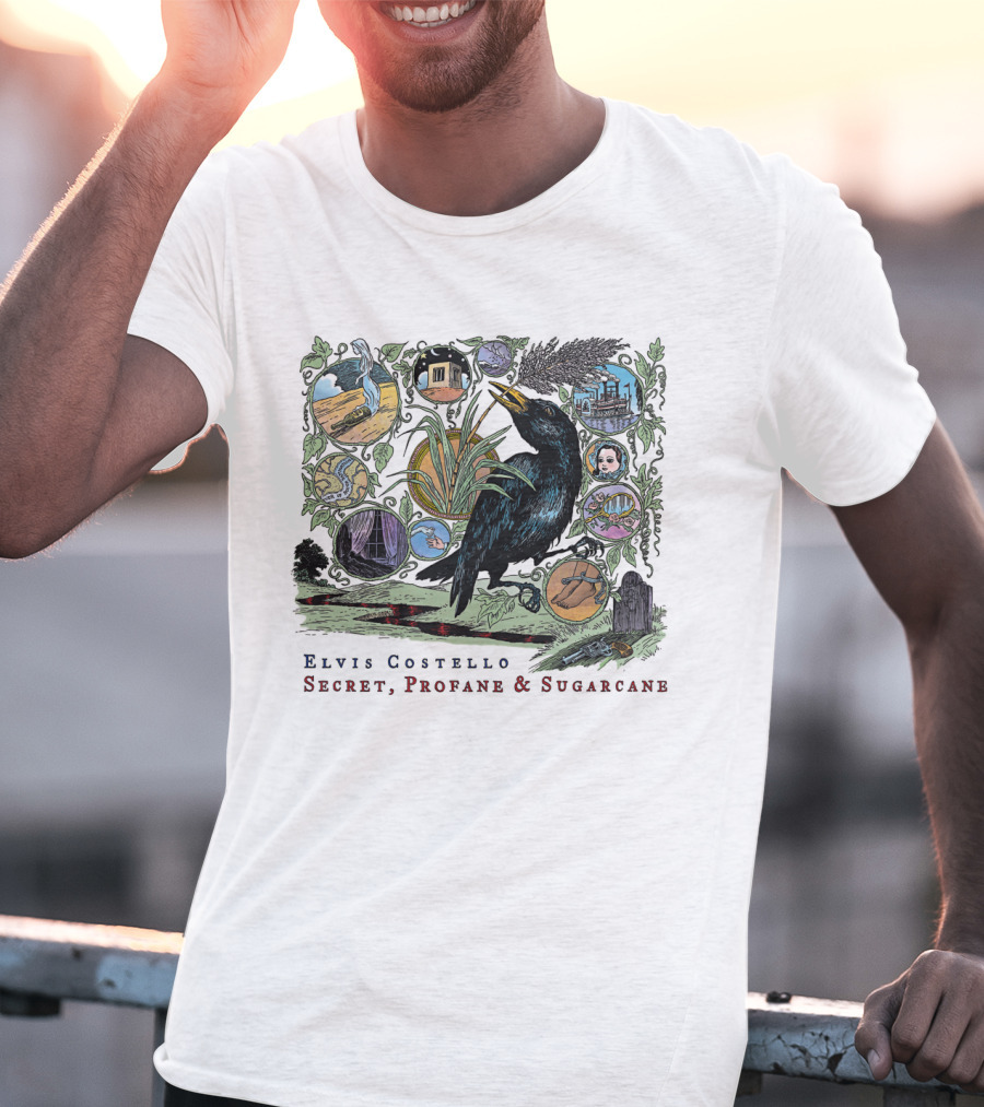 Elvis Costello Secret Profane And Sugarcane Blackbird And Icons T-Shirt