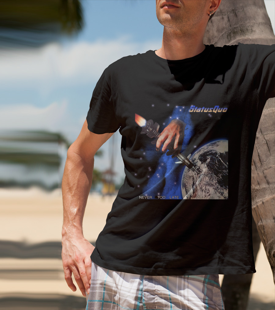 Status Quo Never Too Late Album Cover Space Hand Rocket Earth T-Shirt
