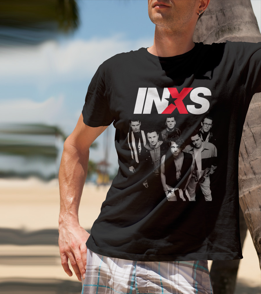 Inxs Band Black And White Group Photo With Red T-Shirt