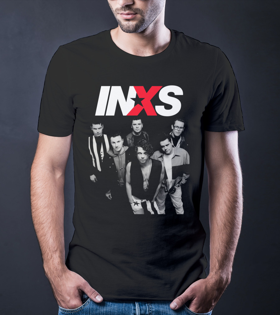 Inxs Band Black And White Group Photo With Red T-Shirt