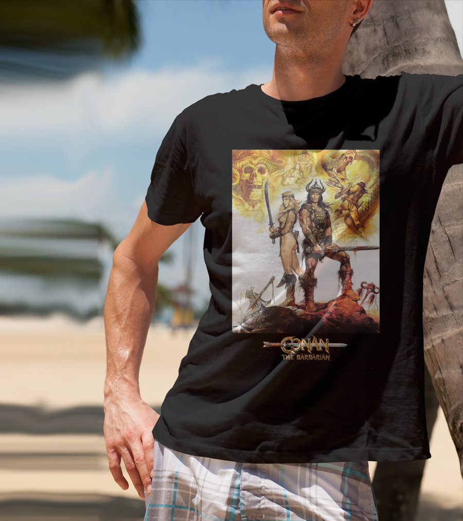 Conan The Barbarian Sword Skulls Warrior Fantasy Art T-Shirt
