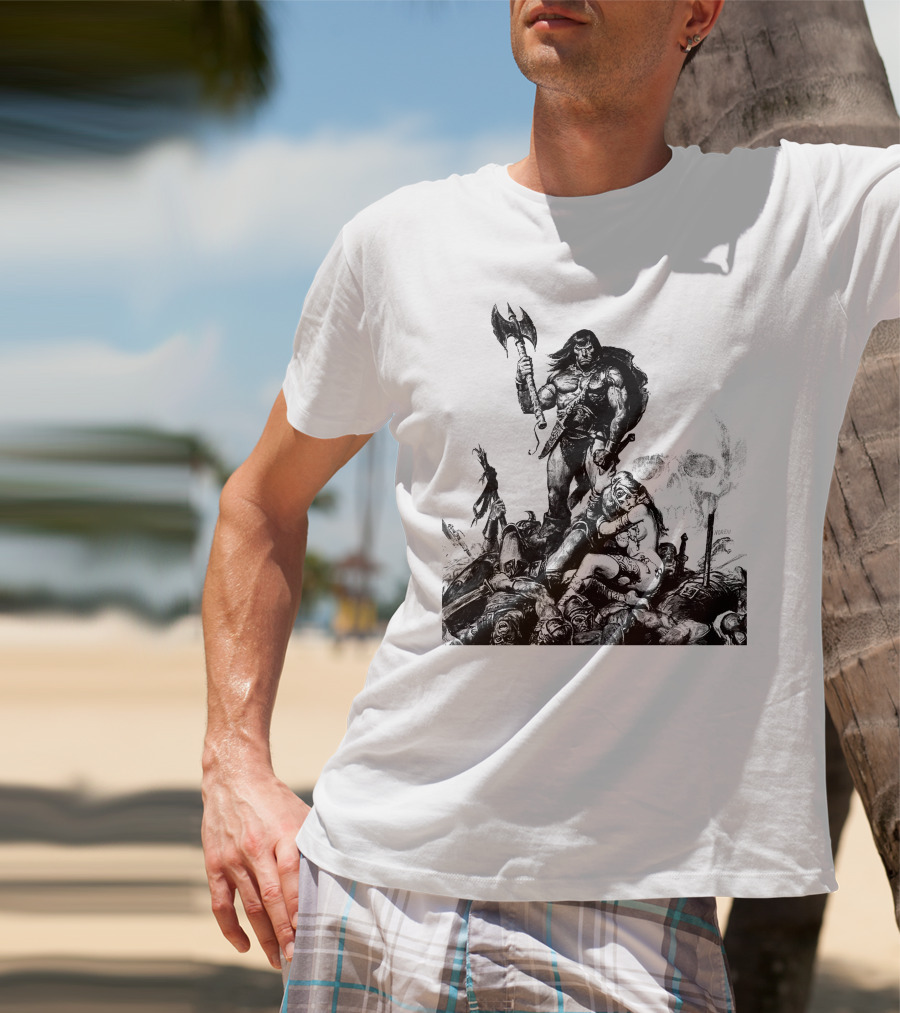 Conan Barbarian Warrior Standing On Battlefield With Axe And Skull In Background T-Shirt