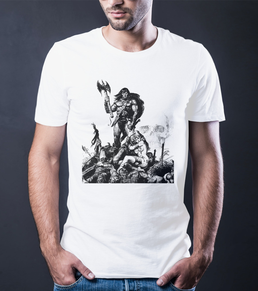 Conan Barbarian Warrior Standing On Battlefield With Axe And Skull In Background T-Shirt