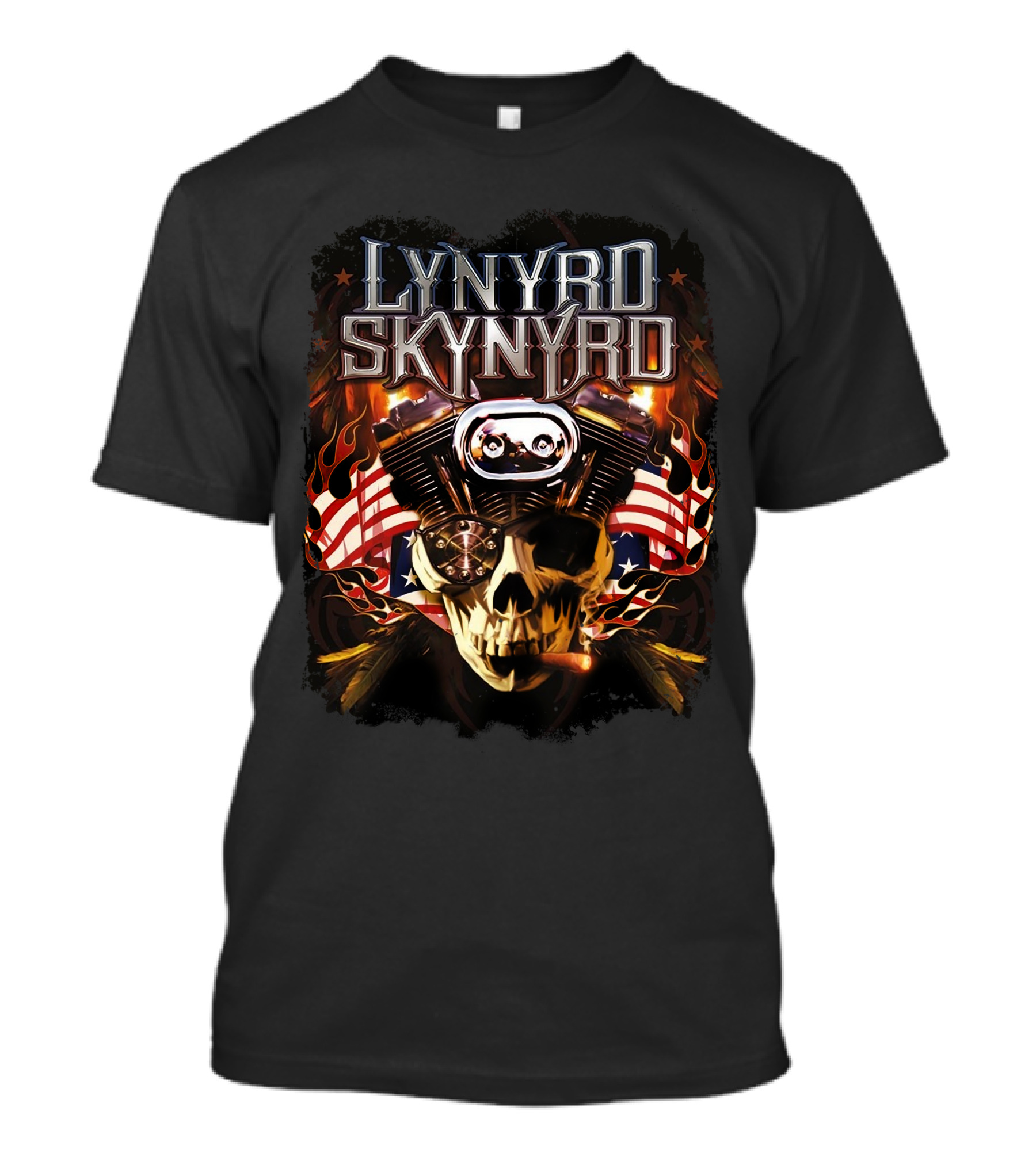 Lynyrd Skynyrd Skull Engine American Flag Flames T-Shirt