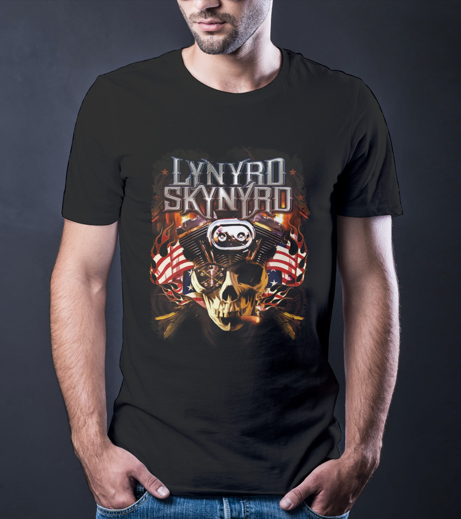 Lynyrd Skynyrd Skull Engine American Flag Flames T-Shirt