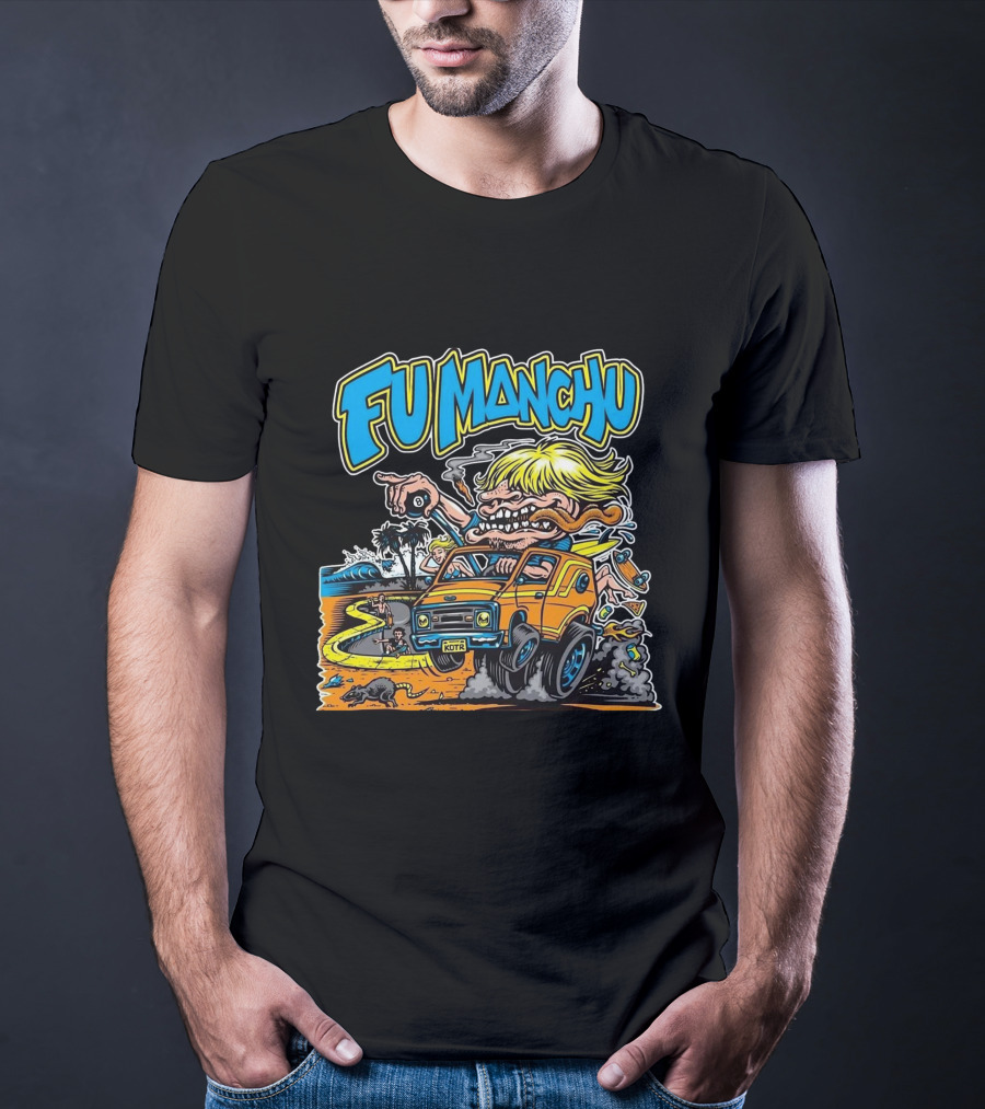Fu Manchu Surf Adventure Vintage Car Beach Scene T-Shirt