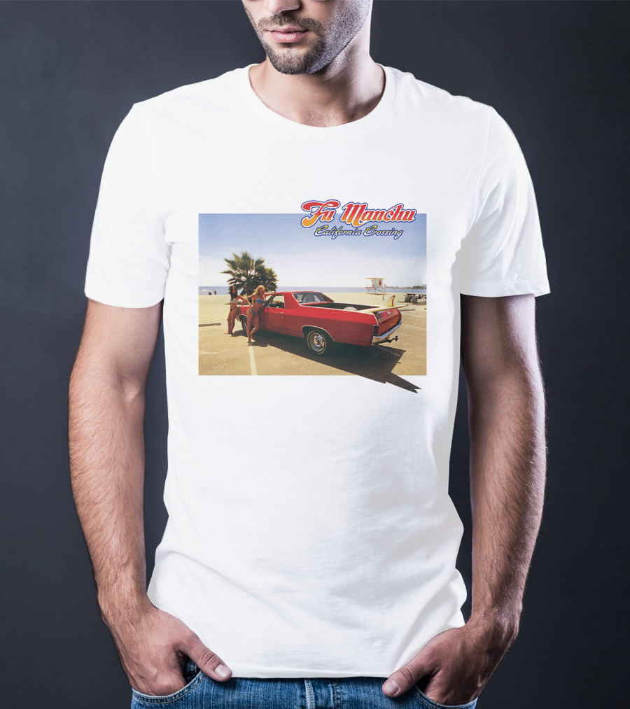 Fu Manchu California Crossing Red Car Beach Scene T-Shirt