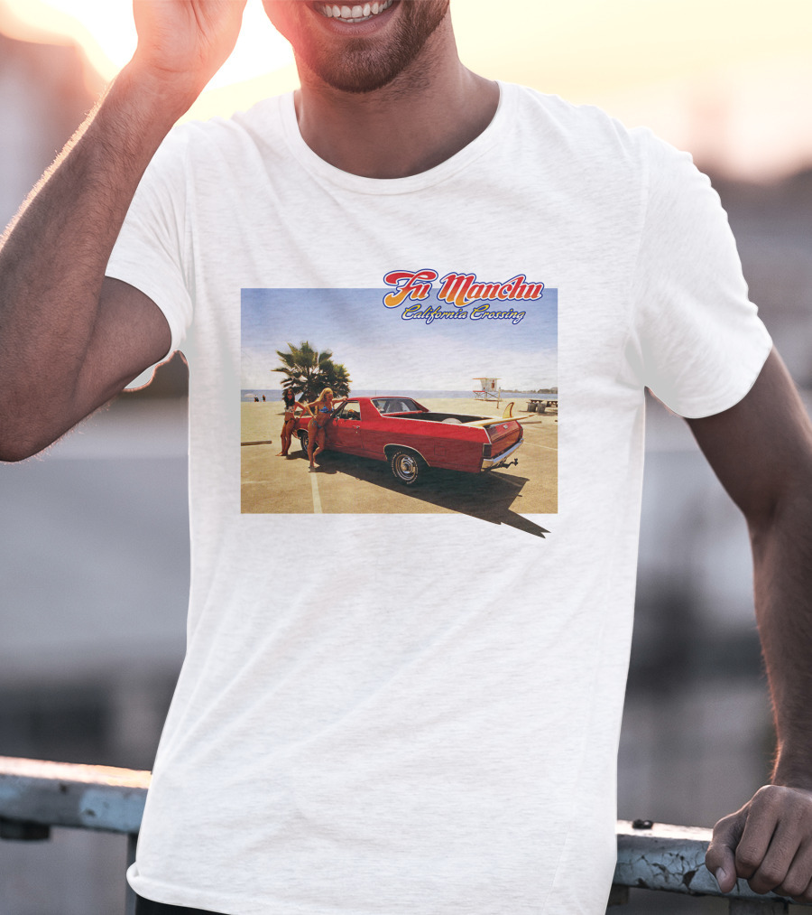 Fu Manchu California Crossing Red Car Beach Scene T-Shirt