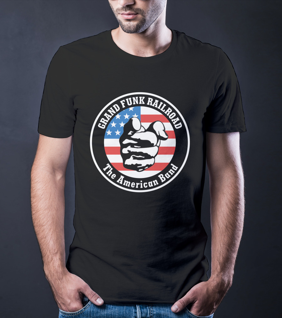 Grand Funk Railroad The American Band Logo With Pointing Hand On Usa Flag T-Shirt
