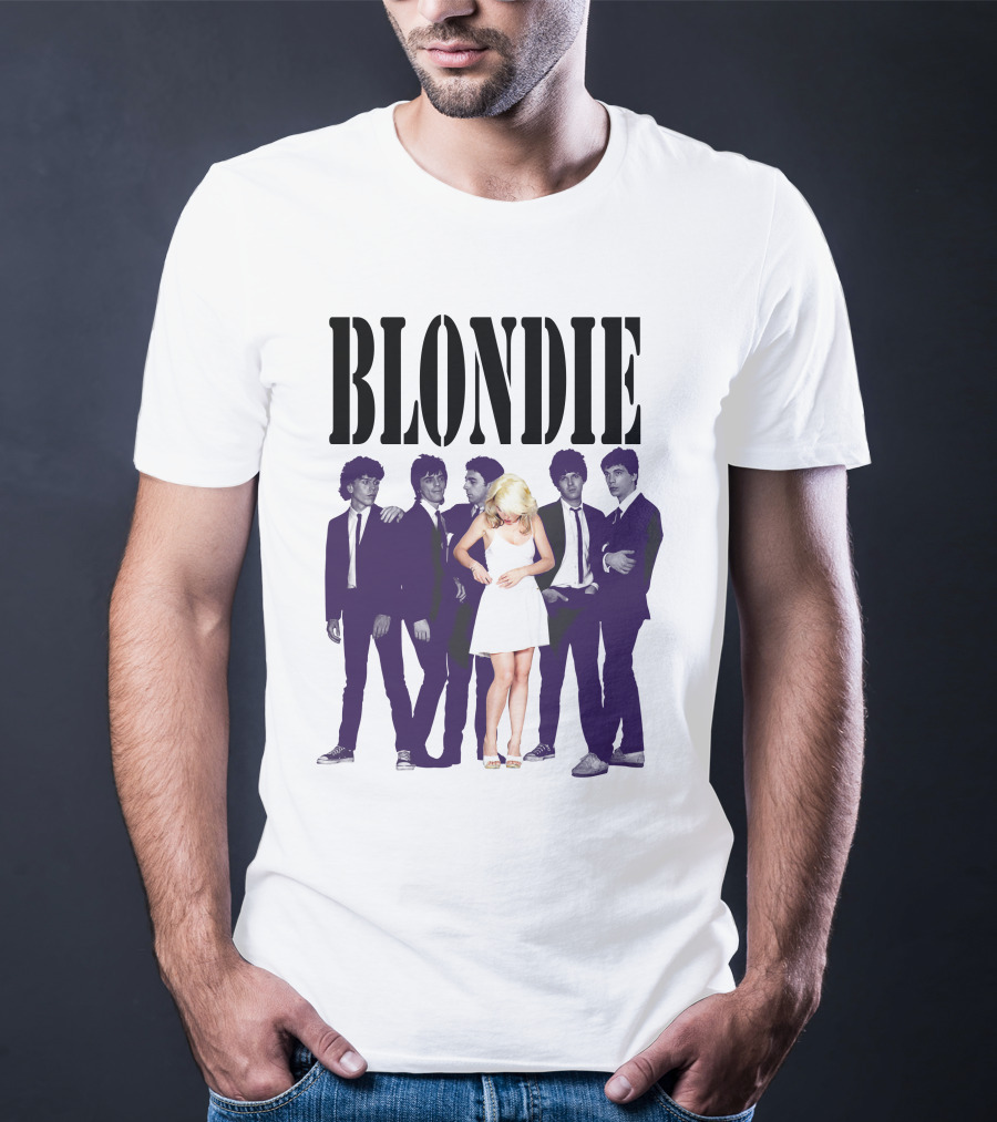 Blondie Band Classic Group Pose Black And White Borderline White Dress T-Shirt