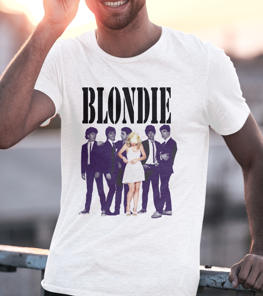 Blondie Band Classic Group Pose Black And White Borderline White Dress T-Shirt
