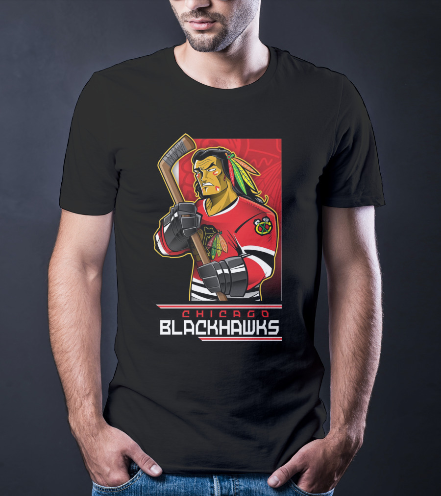 Chicago Blackhawks Hockey Player With Logo And Feathered Headdress T-Shirt