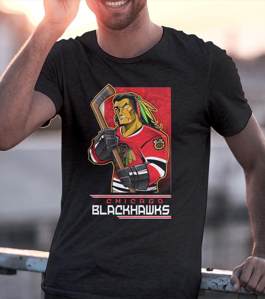 Chicago Blackhawks Hockey Player With Logo And Feathered Headdress T-Shirt