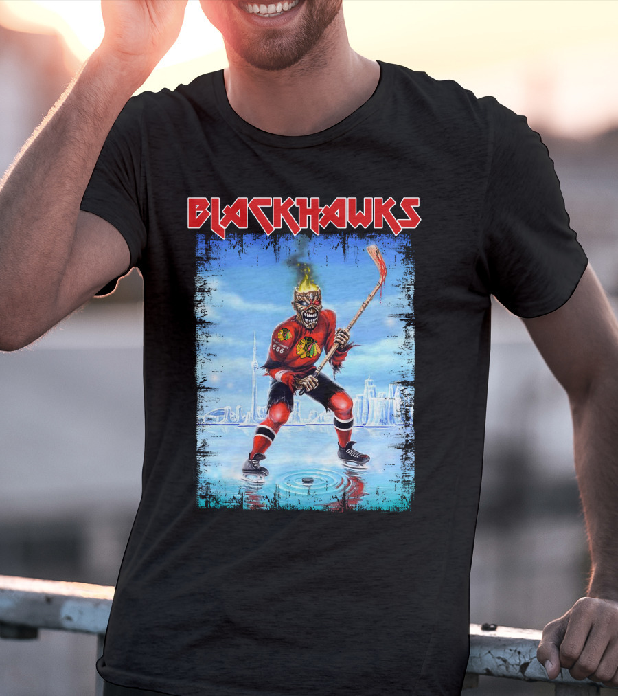 Blackhawks Hockey Player With Fiery Head And Stick T-Shirt
