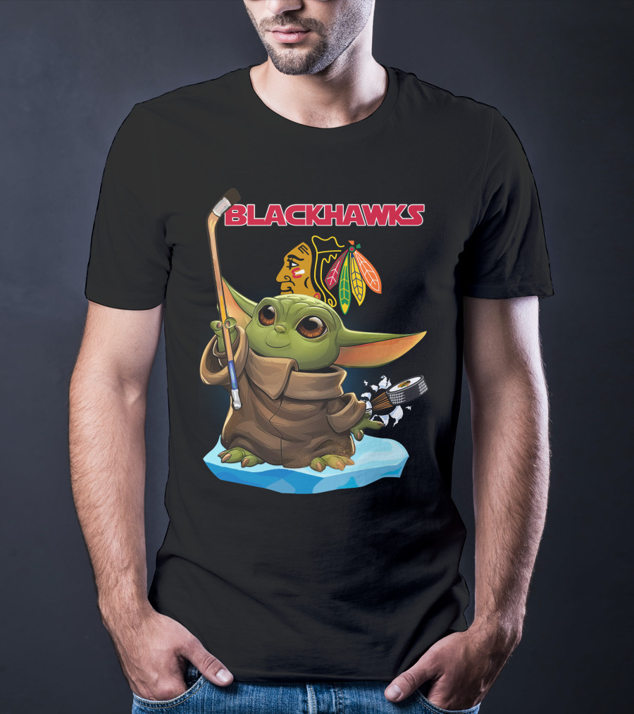 Baby Yoda Blackhawks Hockey Stick And Puck T-Shirt