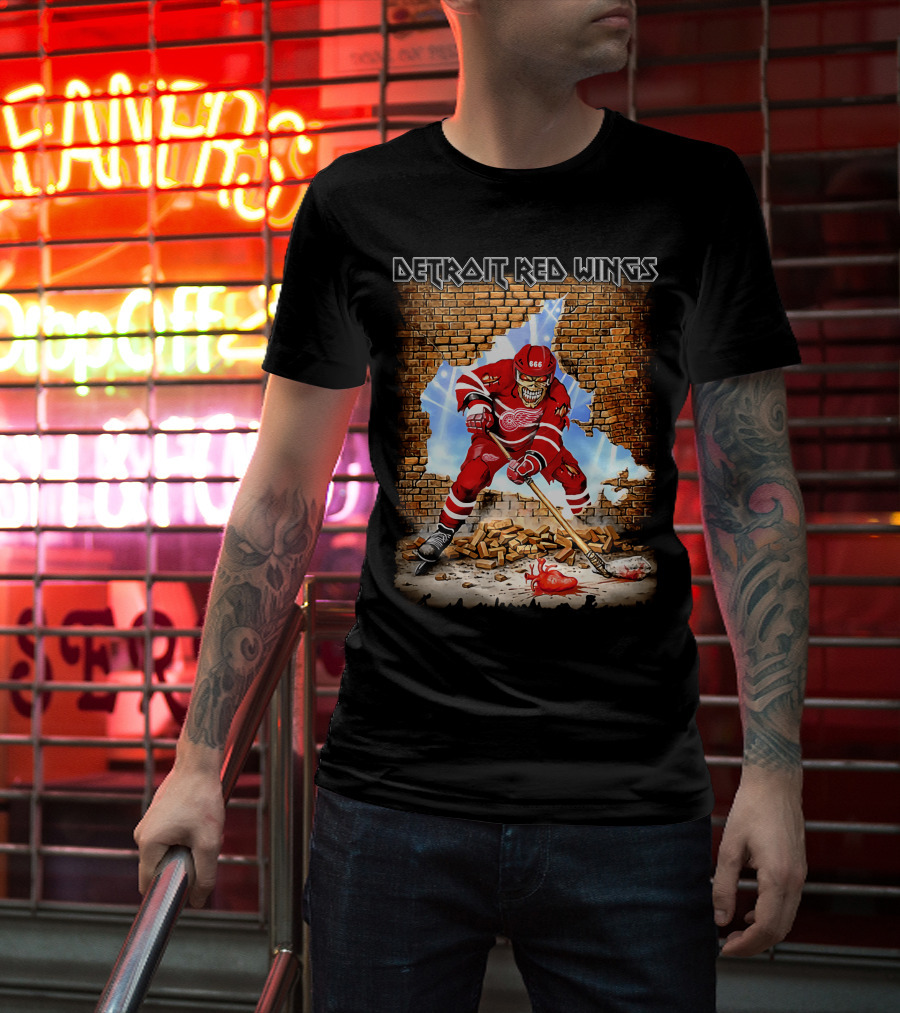 Detroit Red Wings Brick Wall Skeleton Hockey Player With Red Jersey And Ice Stick T-Shirt