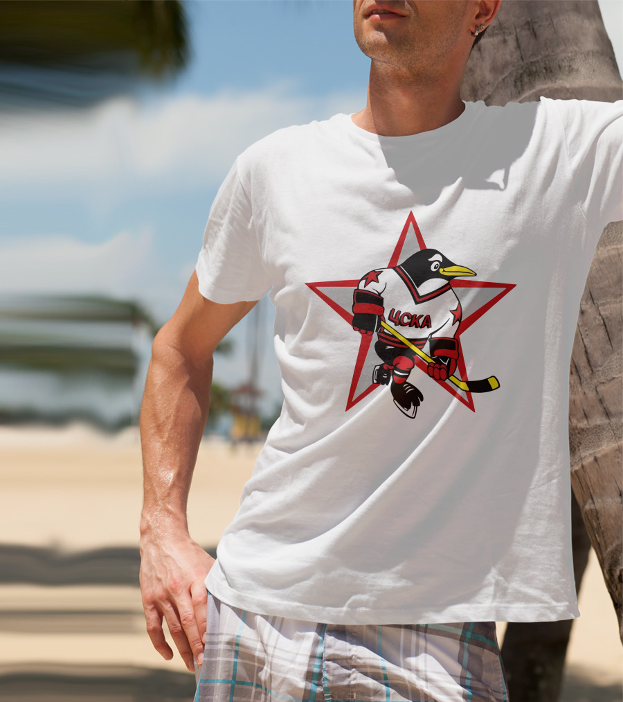 Цска Penguin Hockey Player With Red Star Ice Hockey Theme T-Shirt