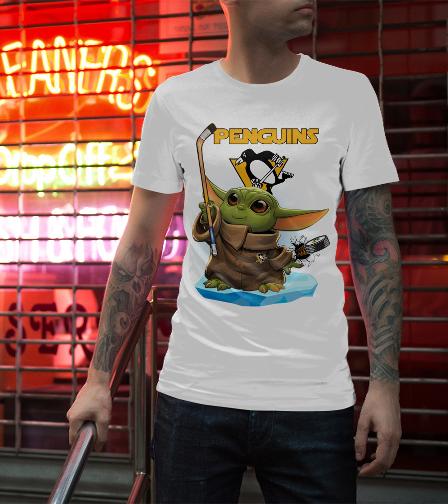 Baby Yoda Penguins Puck And Hockey Stick With Pittsburgh Penguins T-Shirt